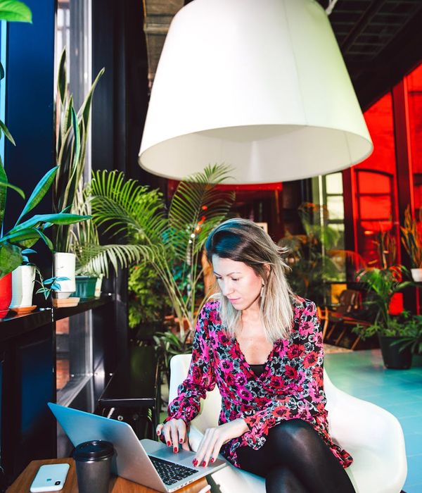 A focused person working at a well-lit desk with a plant.